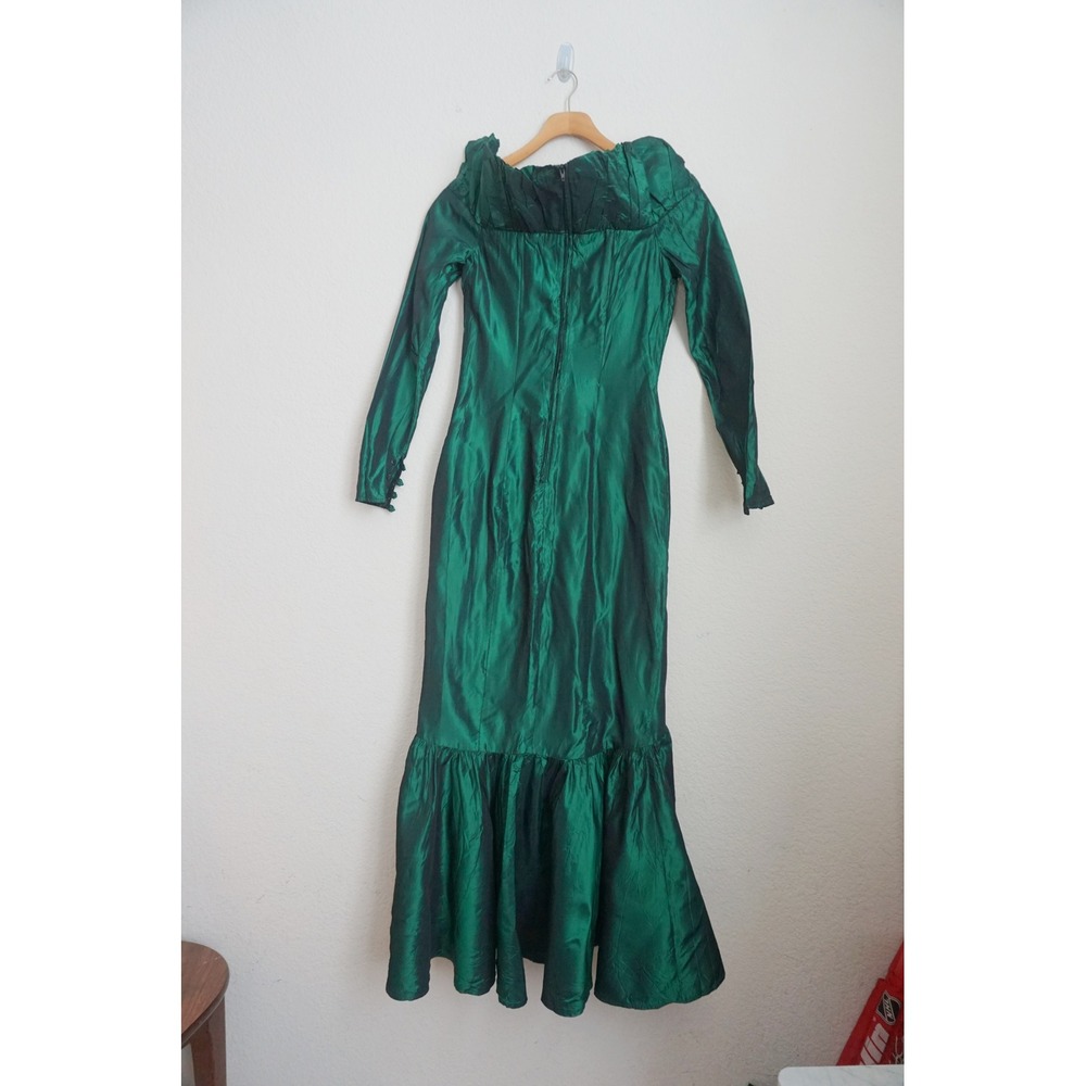 Gunne Sax 80's Emerald Green Ruched Evening Gown Goth Mermaid Formal Dress - Picture 4 of 9